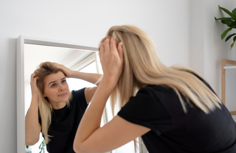 Mulher observando couro cabeludo no espelho fazendo referência ao Eflúvio Telógeno.