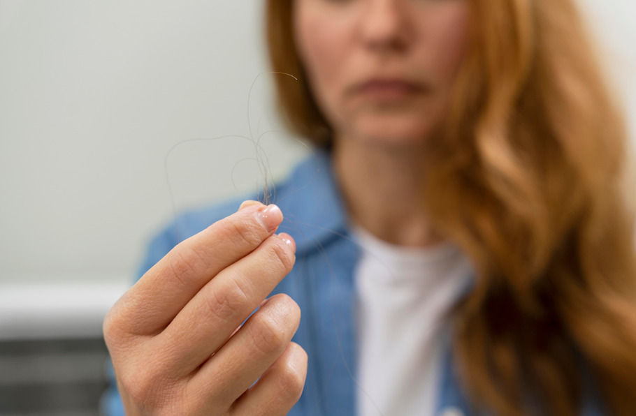 Mulher com fios de cabelo nas mãos, fazendo referência à Alopecia Androgenética.