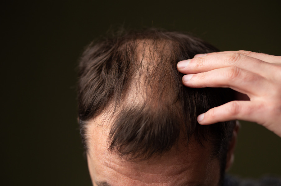 Homem com calvície fazendo referência à queda de cabelo masculino.