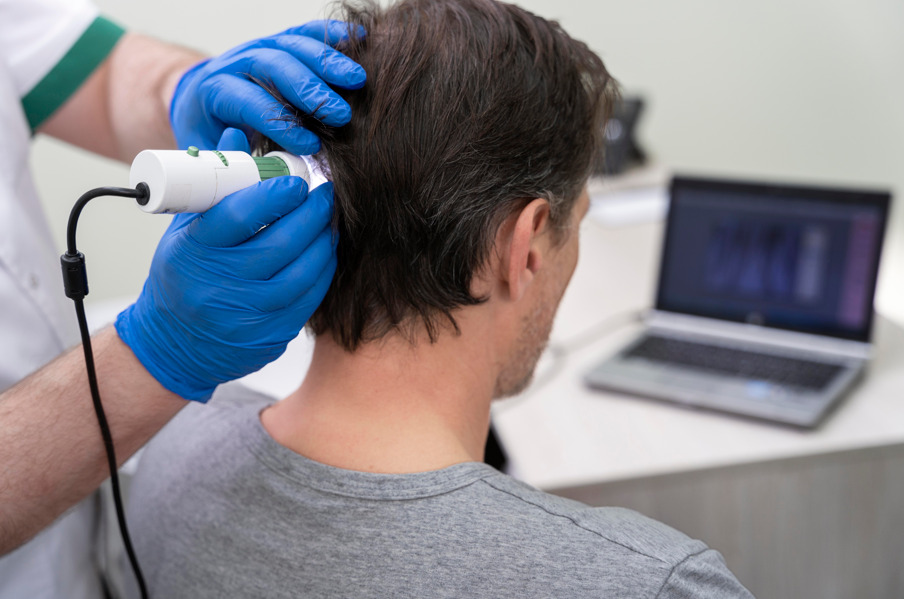 Homem fazendo tratamento capilar por causa de queda de cabelo masculino.