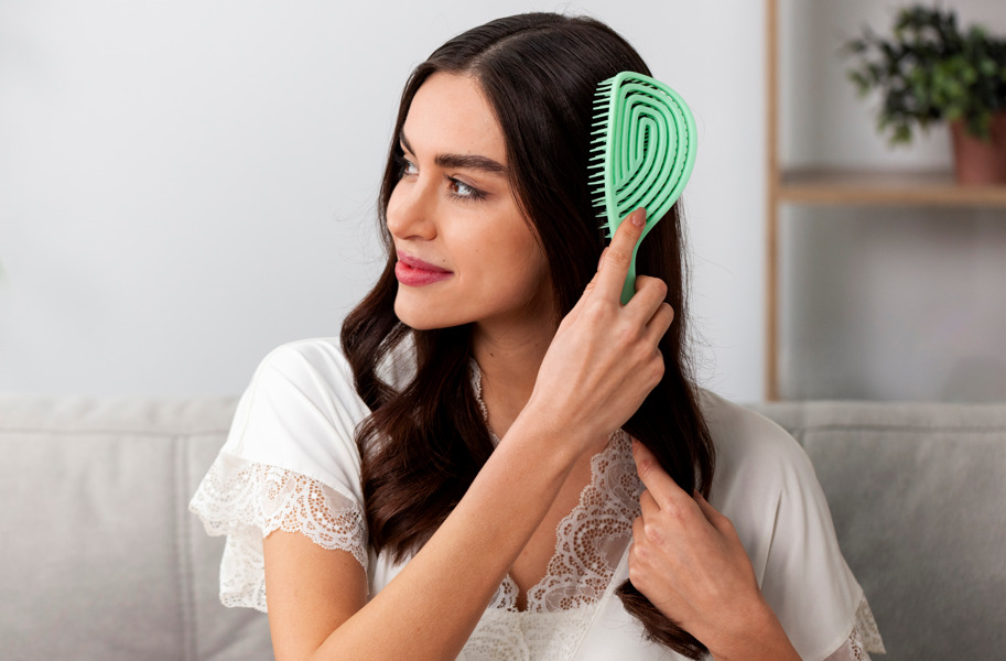 Mulher penteando seu cabelo fazendo referência a como tratar queda de cabelo pós-parto.