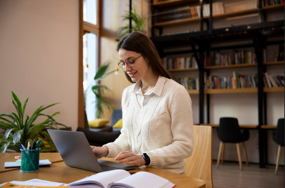 Mulher estudando on-line fazendo referência a como aprender a tratar queda de cabelo após bariátrica.