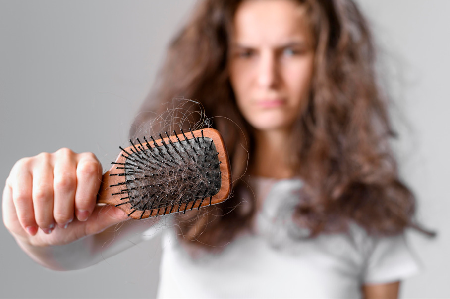 Tricologia no Brasil: Mulher com cabelo bagunçado e escova com fios, indicando queda.