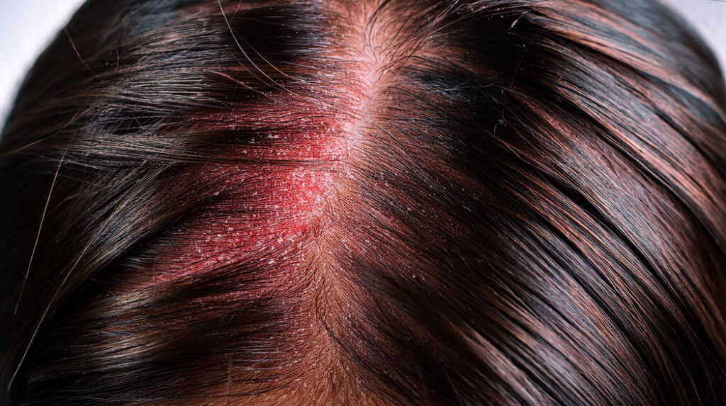 Psoríase capilar e queda de cabelo: mulher com psoríase no couro cabeludo.