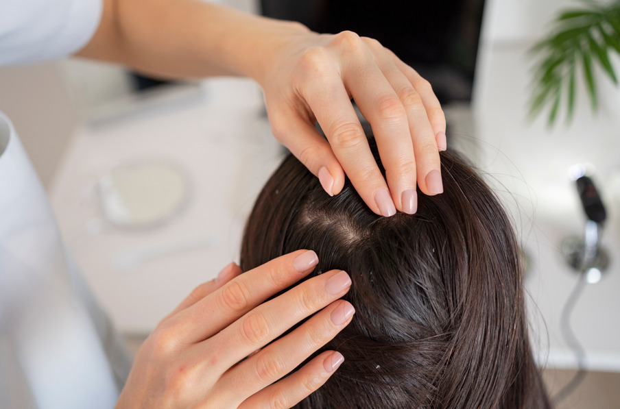 Psoríase capilar e queda de cabelo: mãos de mulher no couro cabeludo de outra mulher fazendo referência psoríase e outras doenças.