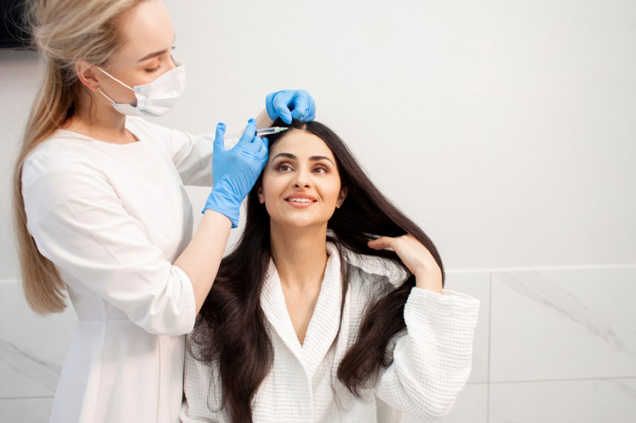 Tricologia para profissionais da saúde: tricologista fazendo tratamento no cabelo de paciente.