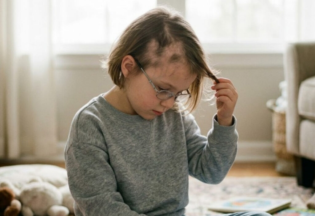 Queda de cabelo em crianças: criança com queda de cabelo puxando o próprio cabelo.