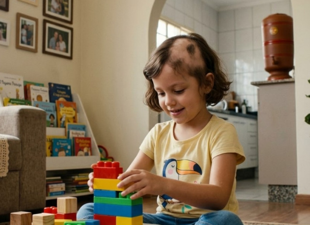 Queda de cabelo em crianças: criança com queda de cabelo sentada brincando.