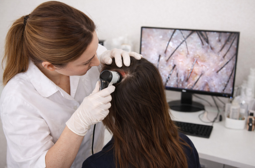 Profissional realizando exame de tricoscopia.
