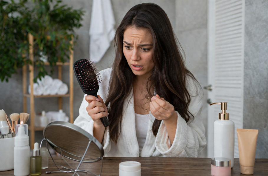 Inflamação no couro cabeludo: mulher segurando escova e fios de cabelo.
