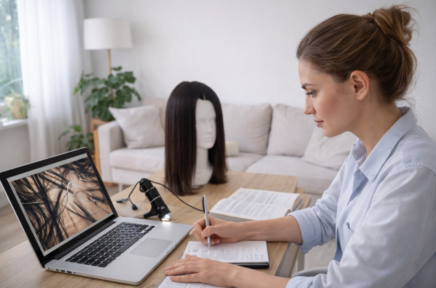 Como se tornar tricologista: mulher estudando sobre tricologia on-line.