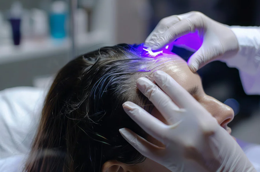 Mulher recebendo laserterapia capilar.